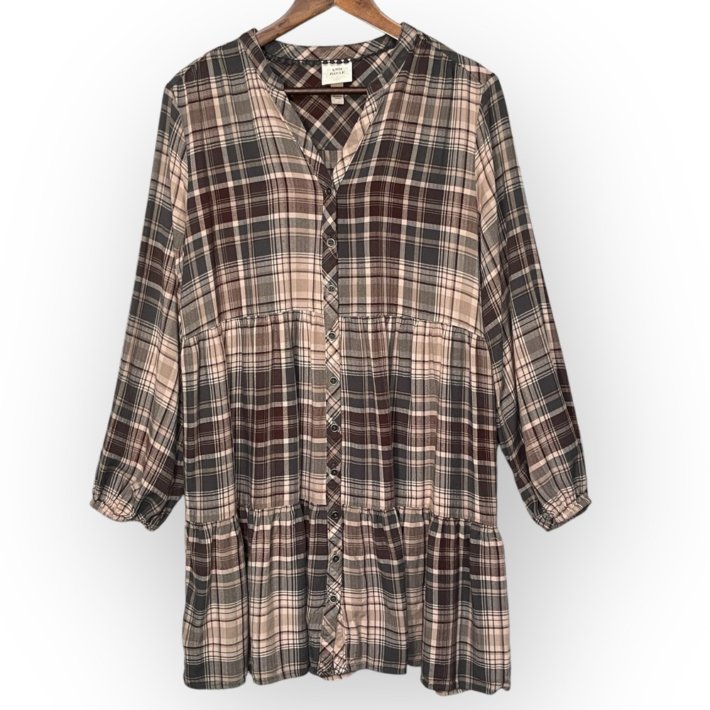 Knox Rose Brown Plaid Tiered Button Front Mini Dress Womens L Boho Long Sleeve